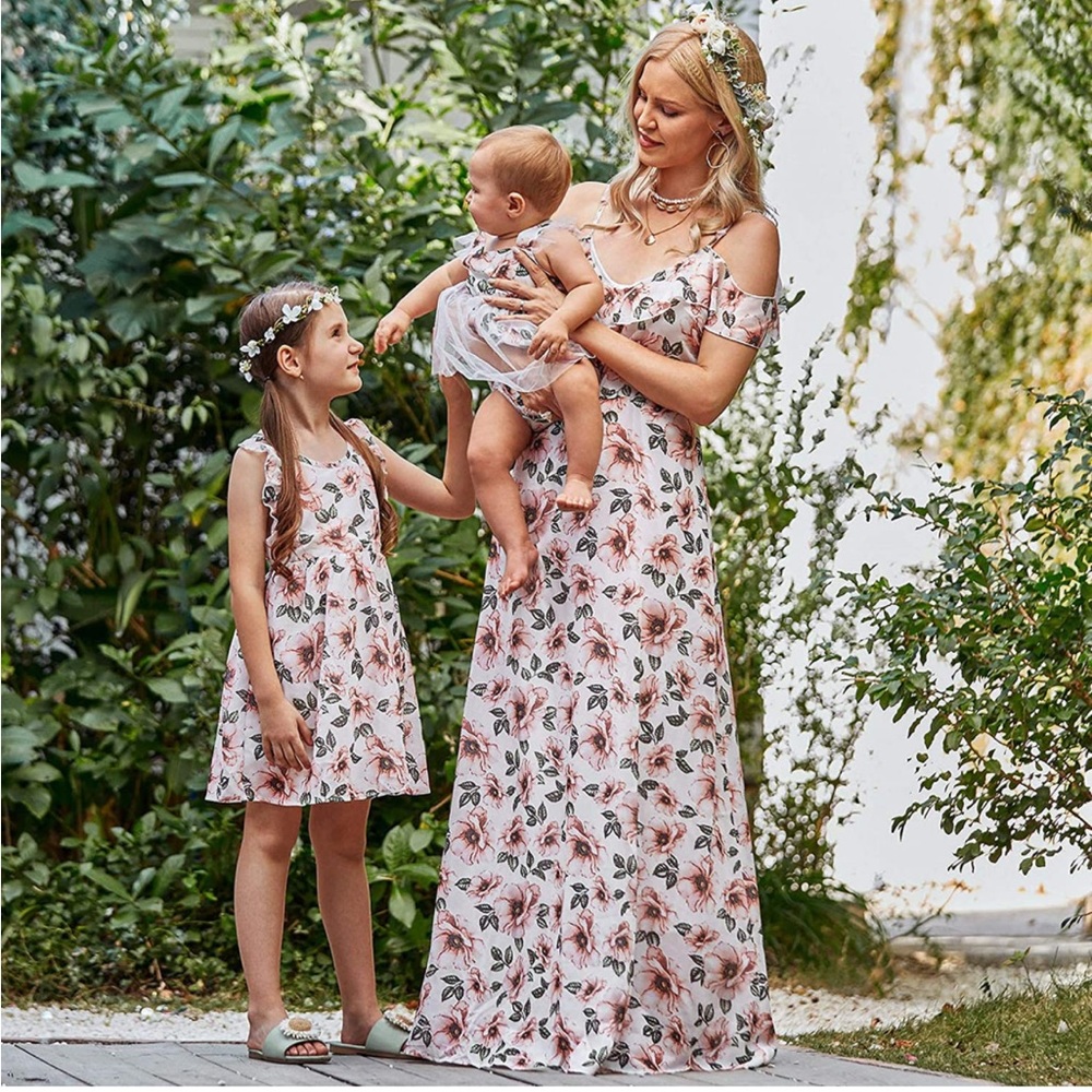 PopReal Mommy and Me Dresses Floral Print Cold Shoulder Ruffle Backless Strap S